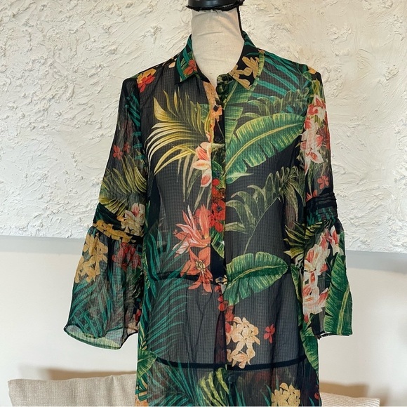 Zara Tropical Print Chiffon Cover Up Tunic Size Small - Picture 3 of 8